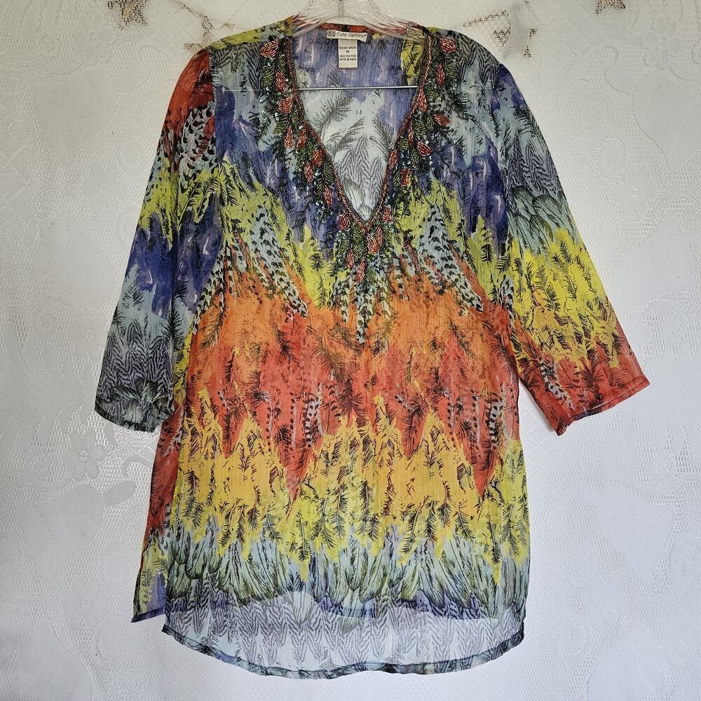 Cute Options Medium Sheer Beaded Sequins Low Neckline Tunic Resortwear Fairy Art